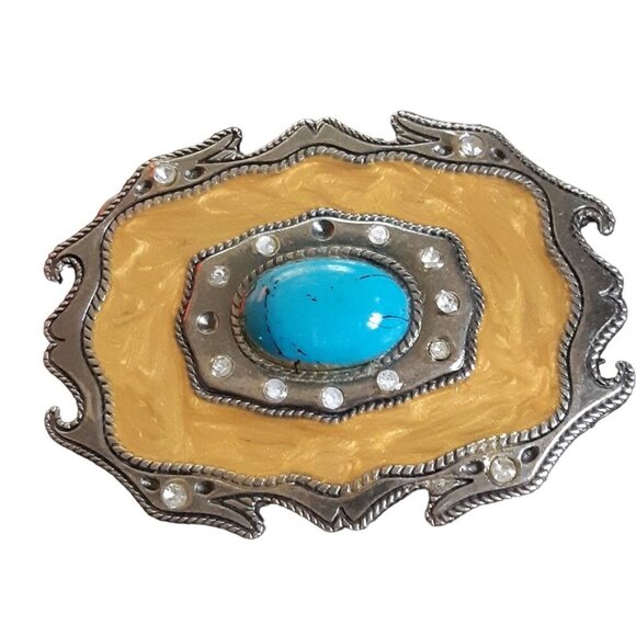 Western Belt Buckle Faux Turquoise Stone Cowboy Swirly Yellow Inlay Rhinestones - Picture 1 of 4